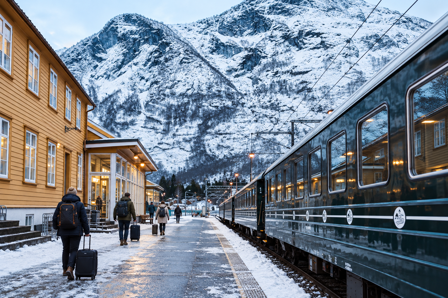 Passenger train at a Norwegian station with travellers carrying luggage