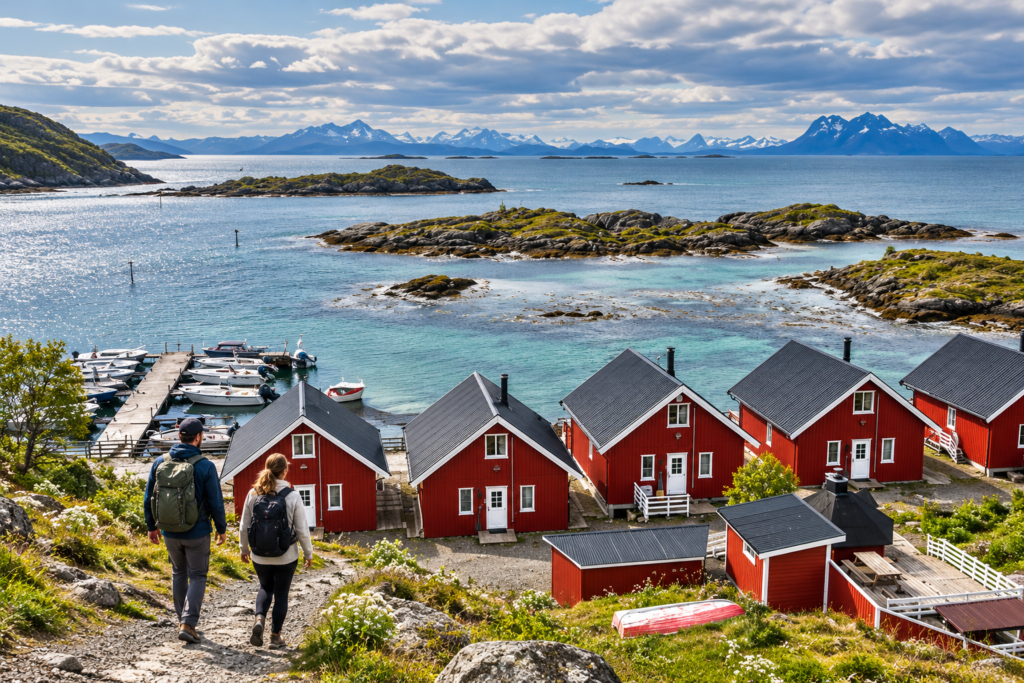 Travellers exploring a Norwegian waterfront, illustrating Norway trip cost