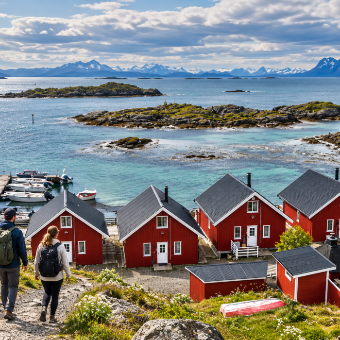 Travellers exploring a Norwegian waterfront, illustrating Norway trip cost