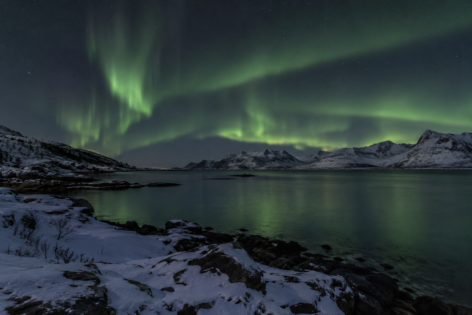 Green northern lights above a snow-covered coastal landscape near Tromsø