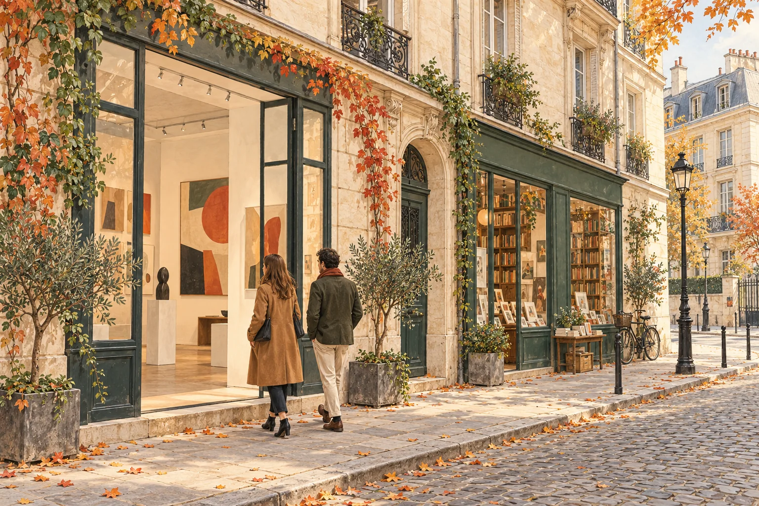 AI illustration of a Paris-inspired street with a contemporary art gallery and bookshop.