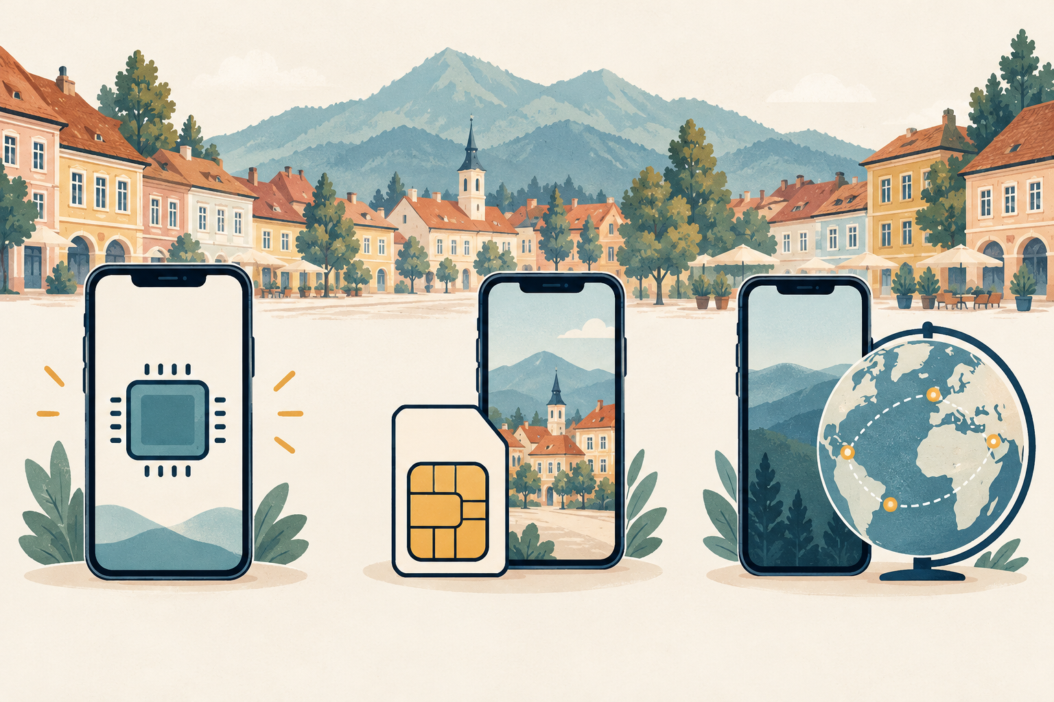 Illustration comparing a travel eSIM, a local SIM card and existing roaming for Romania