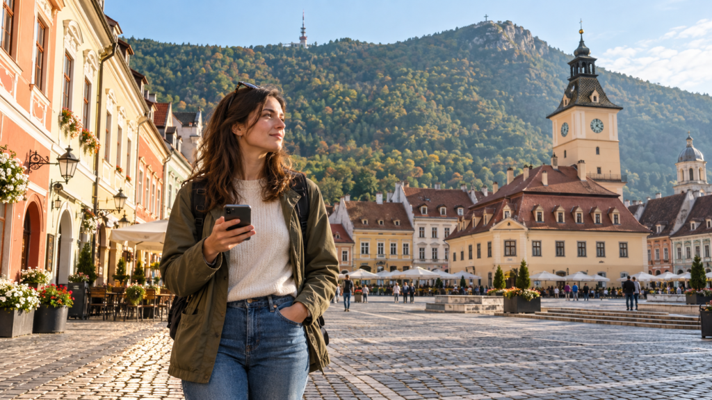Traveller using a smartphone in the historic centre of Brașov, Romania
