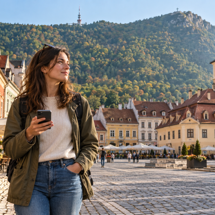 Traveller using a smartphone in the historic centre of Brașov, Romania