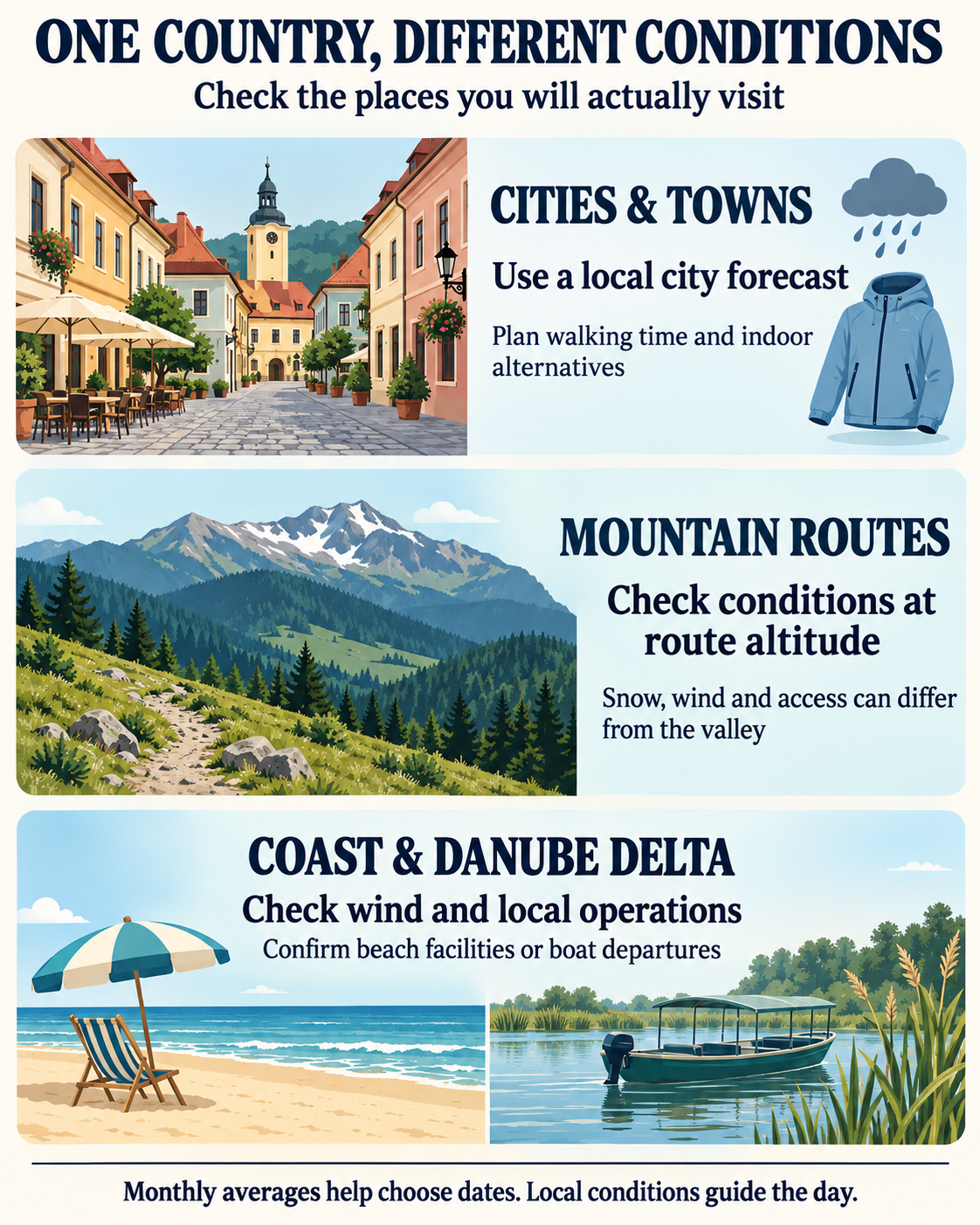 Travel-planning infographic distinguishing Romanian cities, mountain routes and coastal or Delta trips