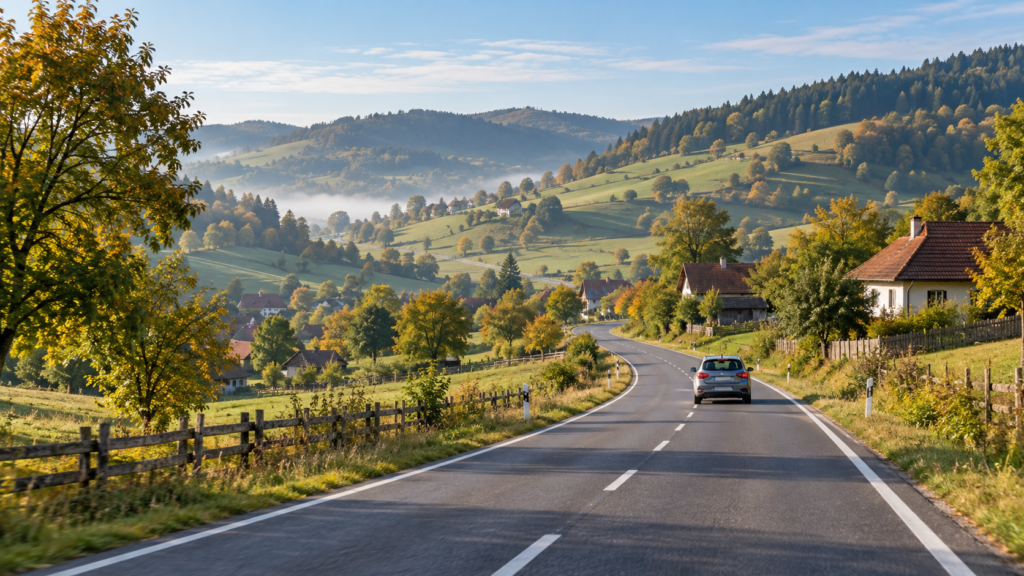 Romania road trip through rolling countryside in Transylvania