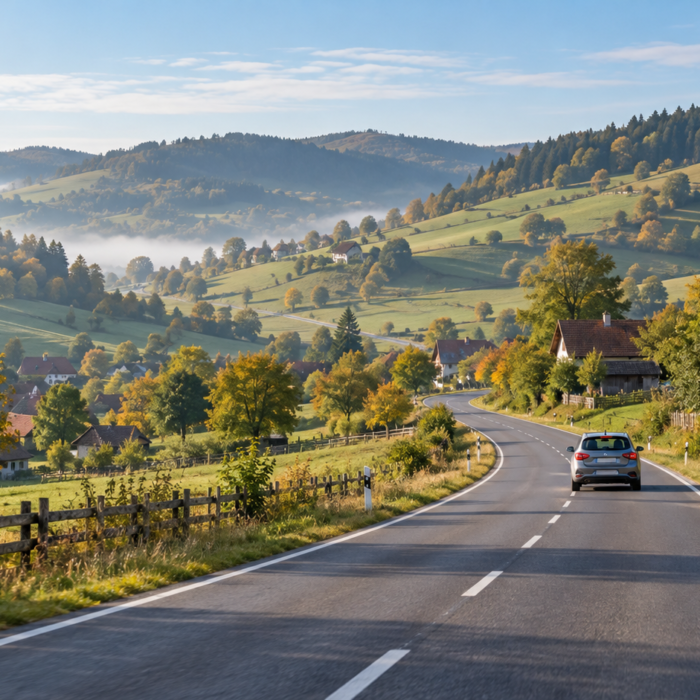 Romania road trip through rolling countryside in Transylvania