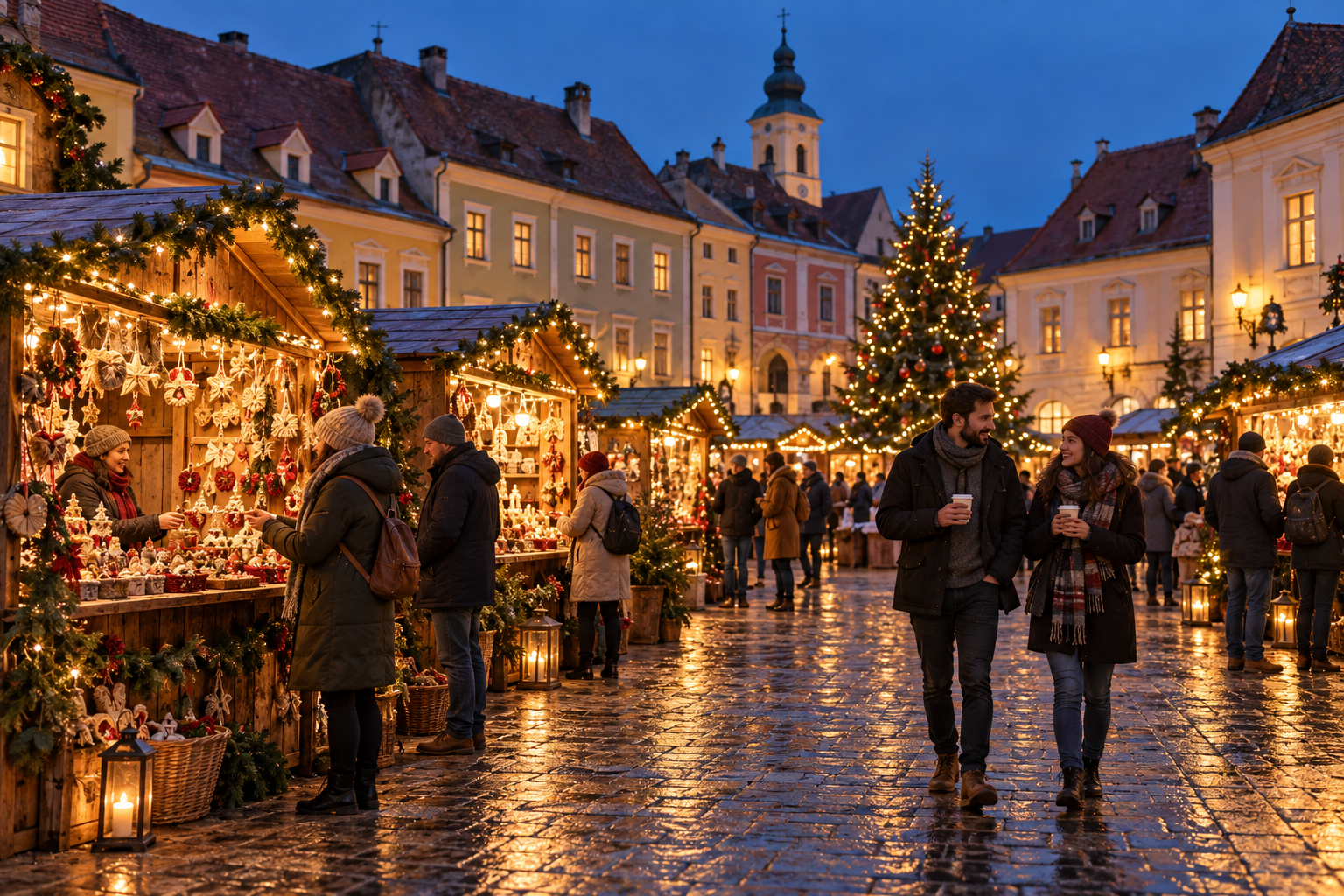 Illustration of a Romanian Christmas market with illuminated stalls and visitors in winter coats