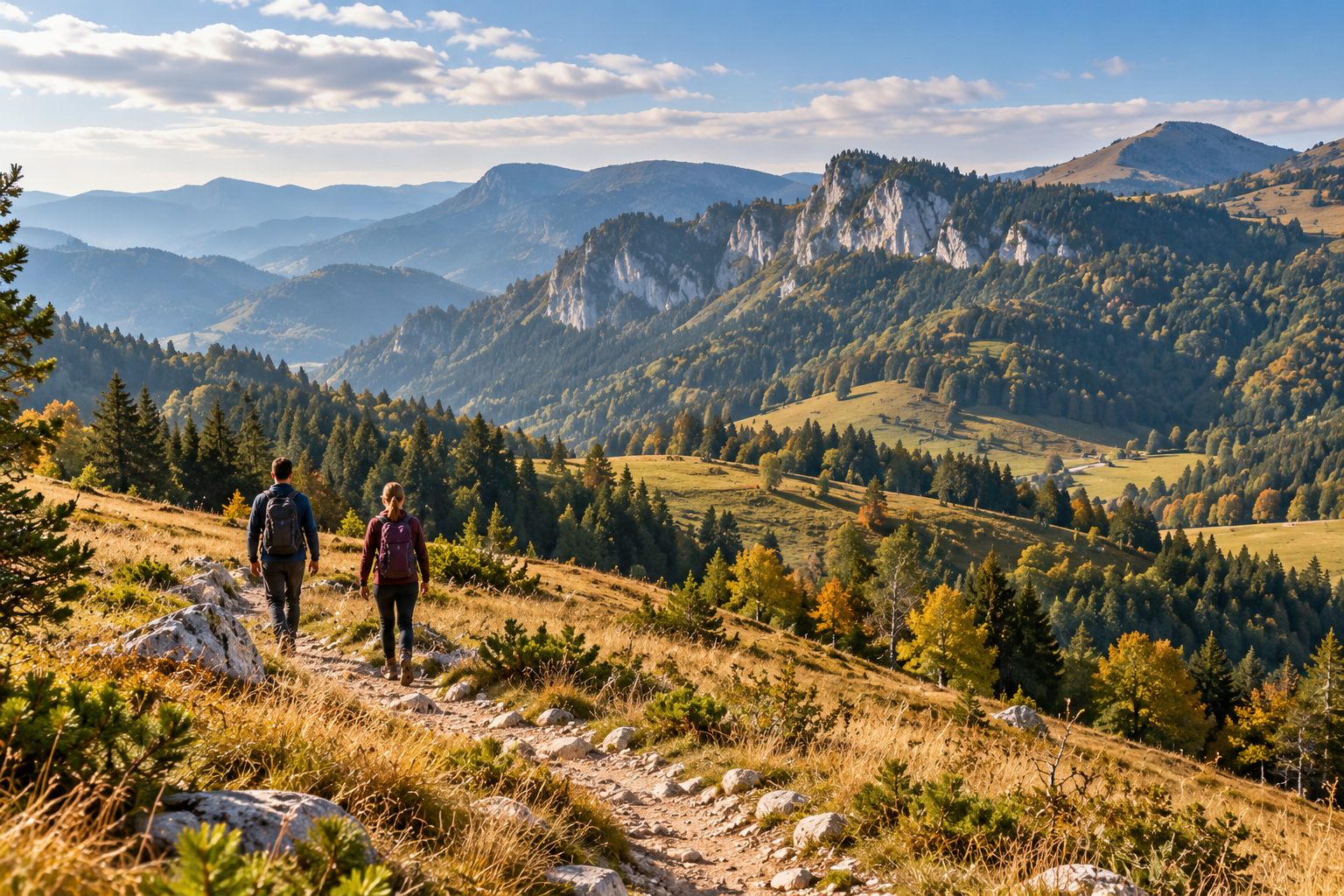 Illustration of hikers following a meadow path in the Romanian Carpathians.