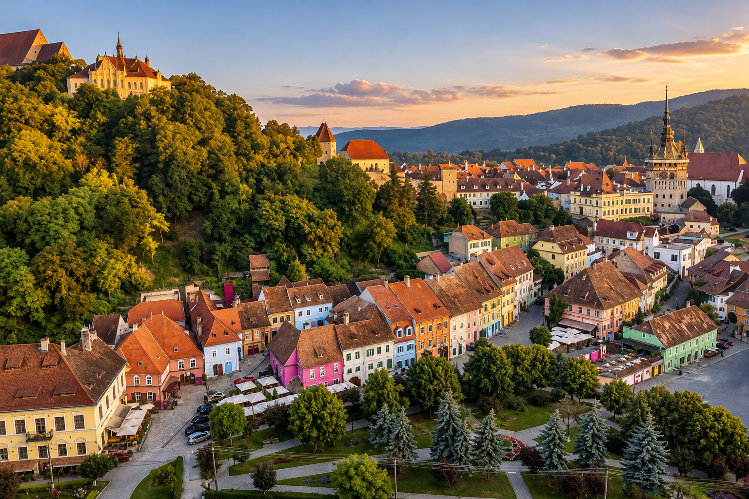 Historic street in Sighișoara’s citadel in soft evening light
