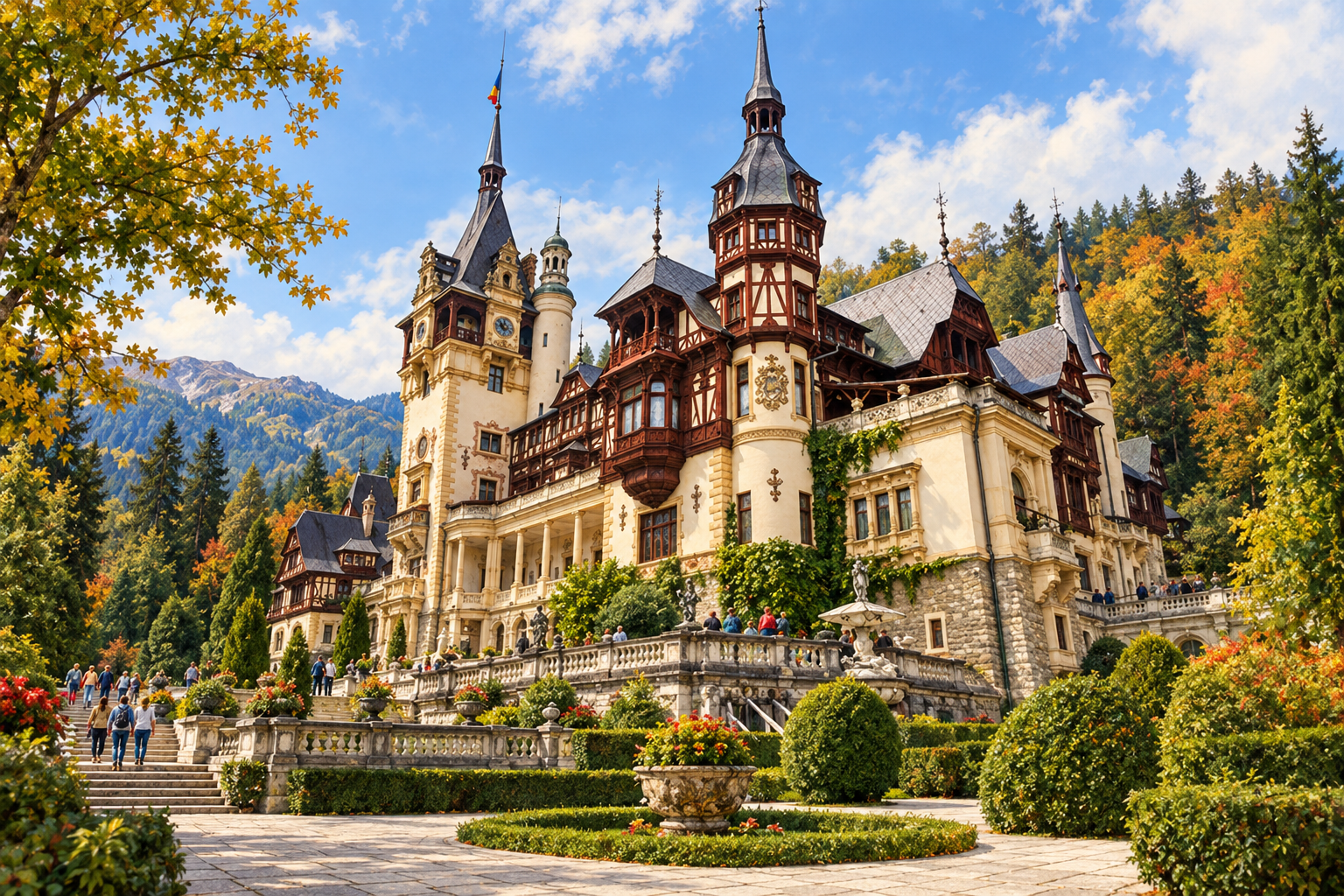 Illustration of Peles Castle in Sinaia, an optional stop between Bucharest and Brasov