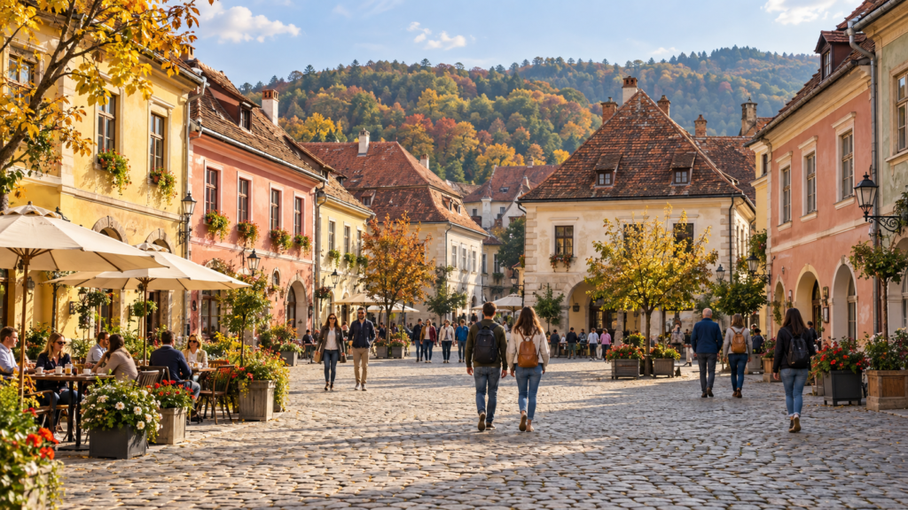 Illustration of a Transylvanian town square, one of the settings to explore when planning things to do in Romania.