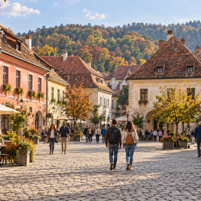 Illustration of a Transylvanian town square, one of the settings to explore when planning things to do in Romania.