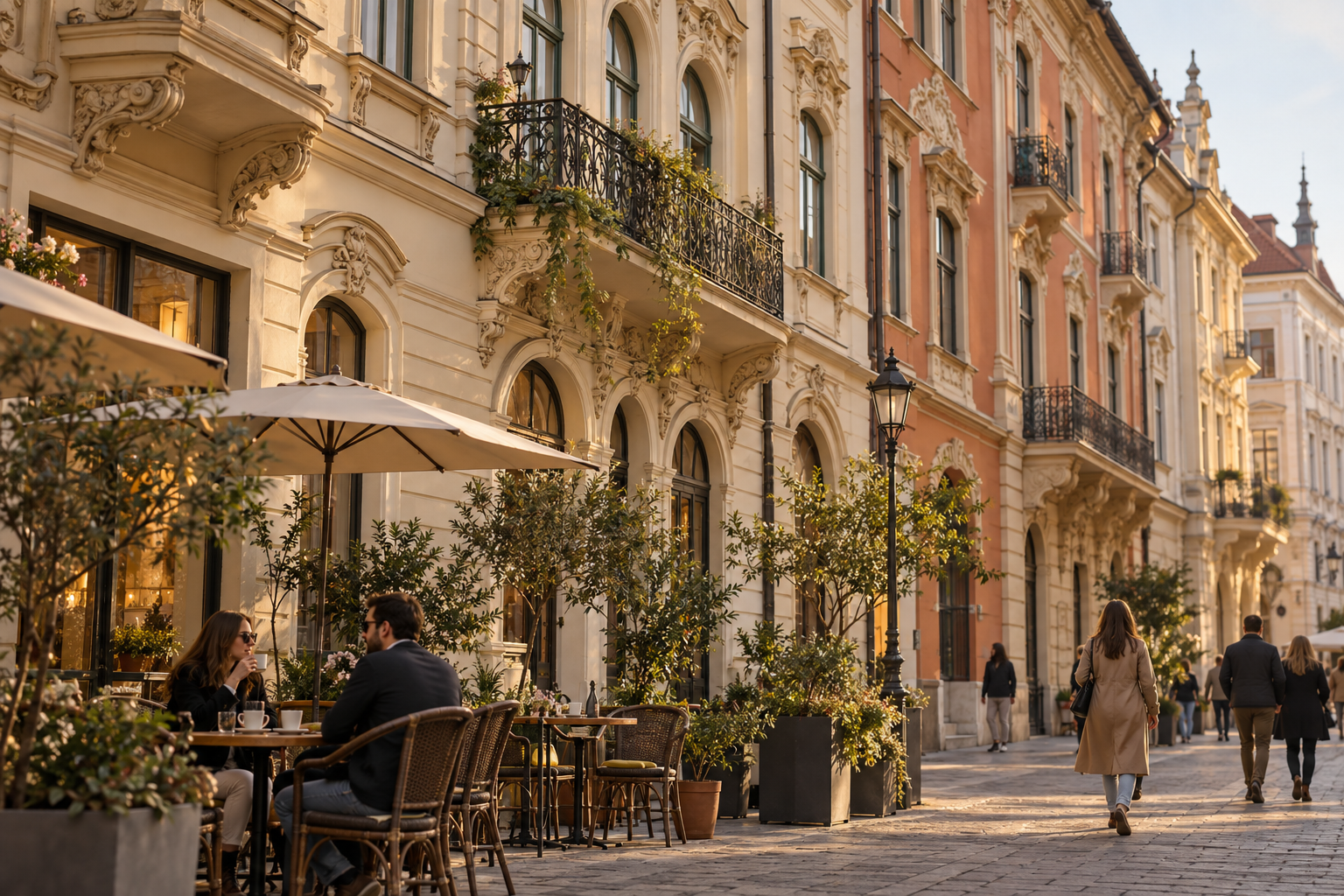 Illustration inspired by Timișoara, with ornate historic facades and a street café.