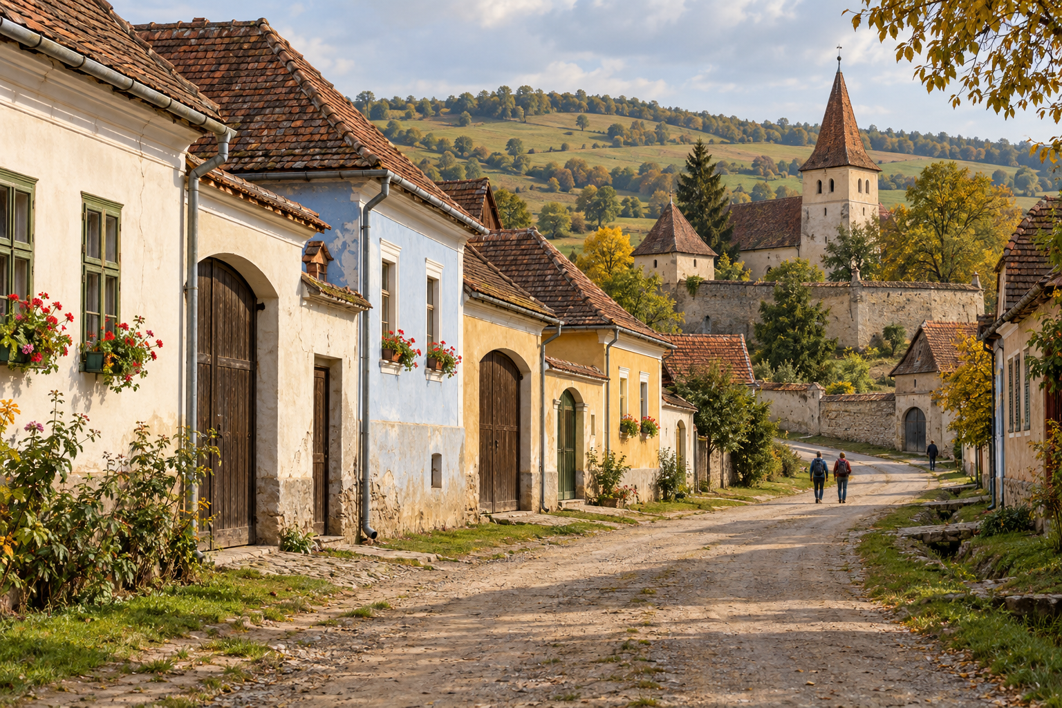 Illustration of a Transylvanian village lane with traditional houses and a fortified church.